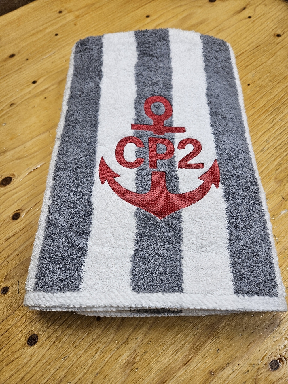 Striped Gray and White Nautical Anchor Towel with Red Accent